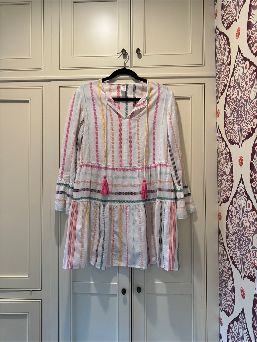 Pilyq White Mini Dress with Multi-Color Stripes and Pink Tassels